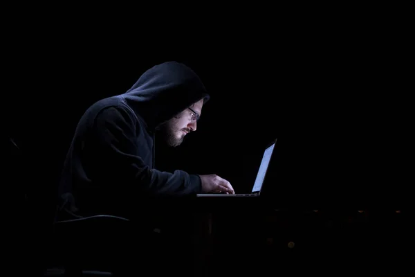 Young Talented Hacker Using Laptop Computer While Working Dark Office — Stock Photo, Image