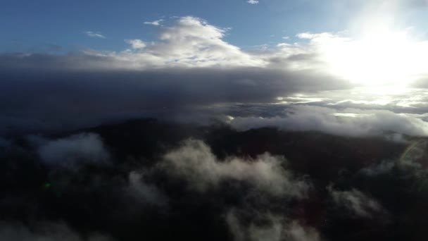 Powietrzne Przelatują Nad Chmury Las Krajobraz Zachód Słońca Lekki Deszcz — Wideo stockowe