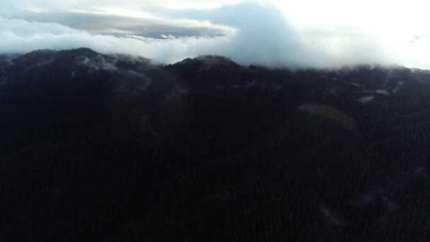 Luchtfoto Vliegen Wolken Bos Landschap Zonsondergang Met Lichte Regen — Stockvideo