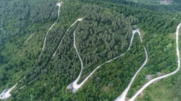 Letecký Pohled Krajinu Vlnité Silnice Procházející Zelený Les Hory Slunečný — Stock video