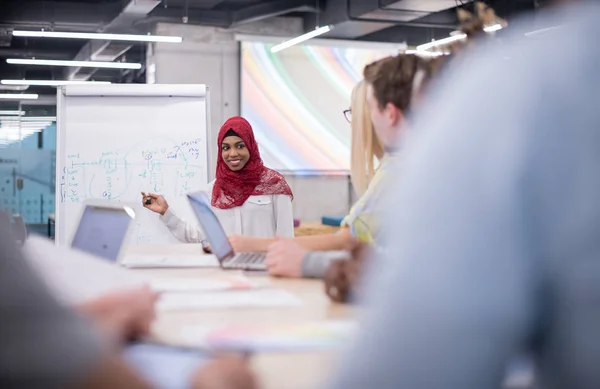 Young Black Muslim Businesswoman Giving Presentations Her Multiethnic Business Team — Stock Photo, Image