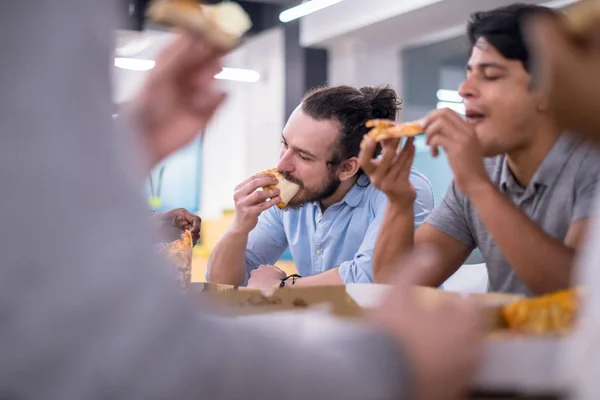 Friendly Diverse Multiethnic Business Team Eating Sharing Pizza Together Startup — Stock Photo, Image