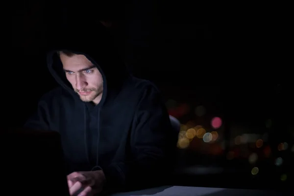 Young Talented Hacker Using Laptop Computer While Working Dark Office — Stock Photo, Image