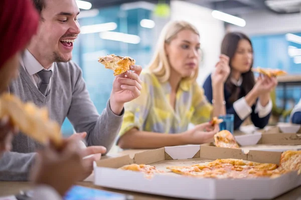 Friendly Diverse Multiethnic Business Team Eating Sharing Pizza Together Startup — Stock Photo, Image