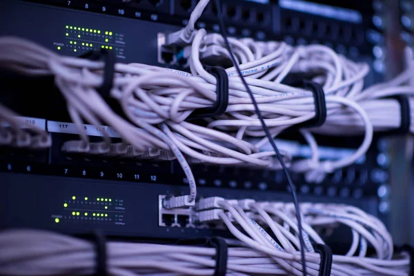 Cables ópticos conectados al servidor principal — Foto de Stock
