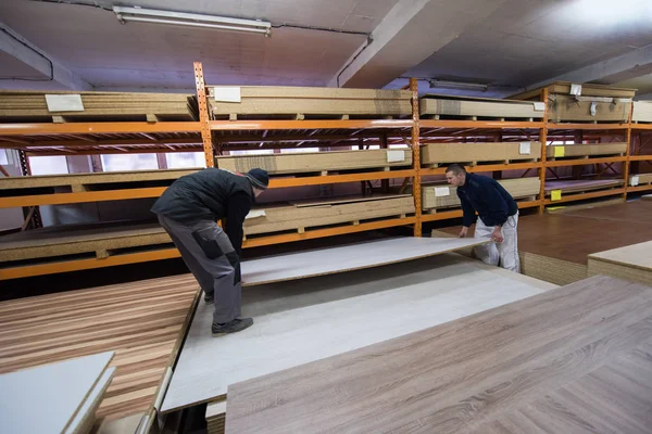 Two young carpenters working in big modern carpentry — Stock Photo, Image