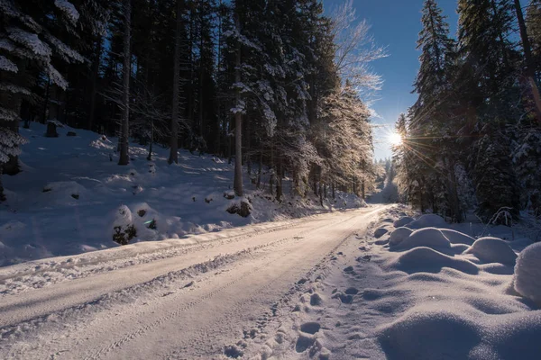 Snöig landsväg under solnedgång eller soluppgång — Stockfoto