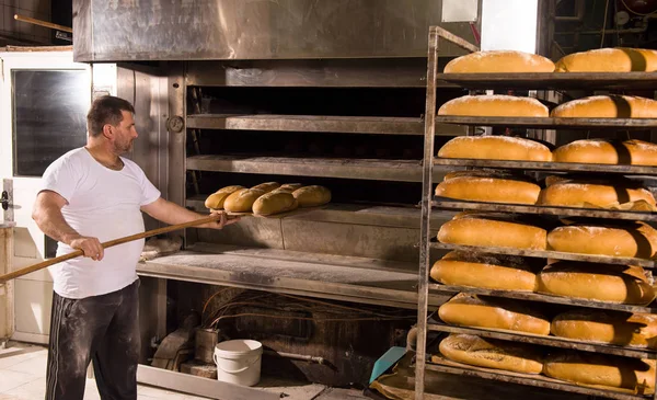 Bageri arbetare som tar ut nybakat bröd — Stockfoto