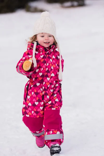 Petite fille avoir plaisir à neigeux jour d'hiver — Photo