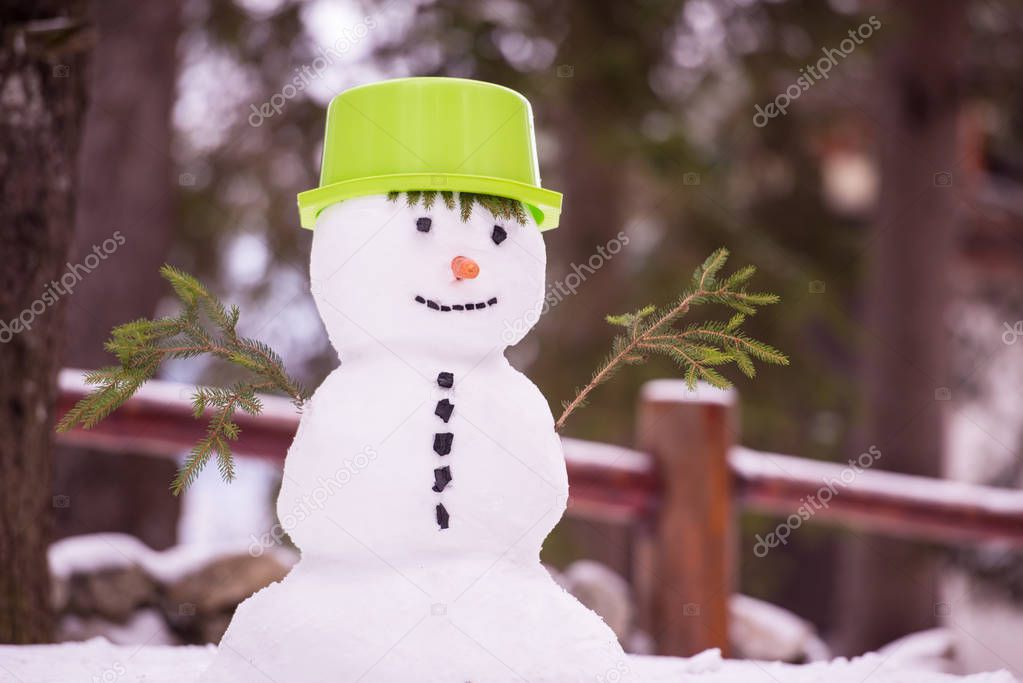 smiling snowman with green hat