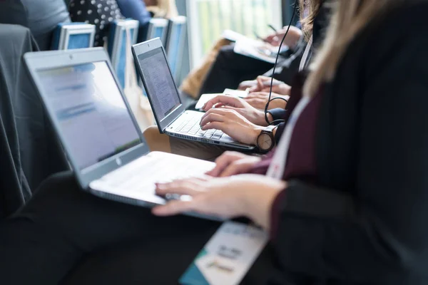 Close up of business people hands using laptop computer — Stock Photo, Image