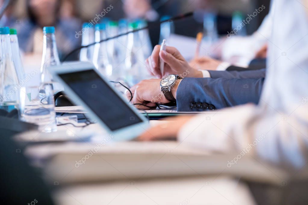 close up of business people hands using laptop computer