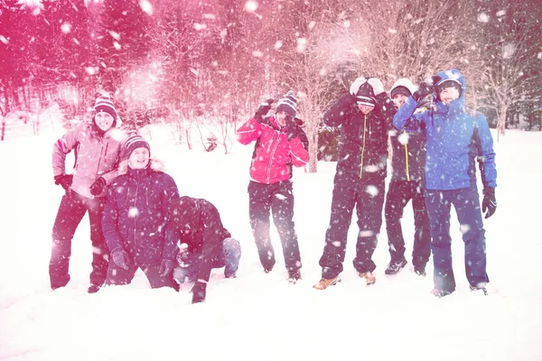 Portret młodej grupy w pięknym zimowym krajobrazie — Zdjęcie stockowe