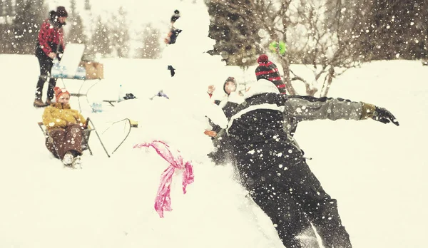 Група молодих людей розважається в красивому зимовому пейзажі — стокове фото