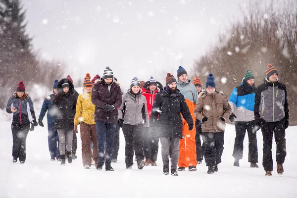 Група молодих людей, що проходять через красивий зимовий пейзаж — стокове фото