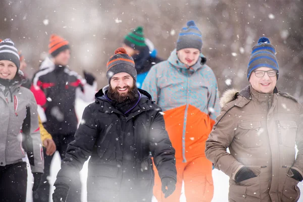 Bir grup genç, güzel kış manzaralarında yürüyorlar. — Stok fotoğraf