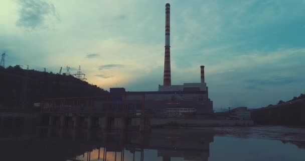 Planta Energía Térmica Central Energía Aérea Puesta Del Sol Noche — Vídeos de Stock