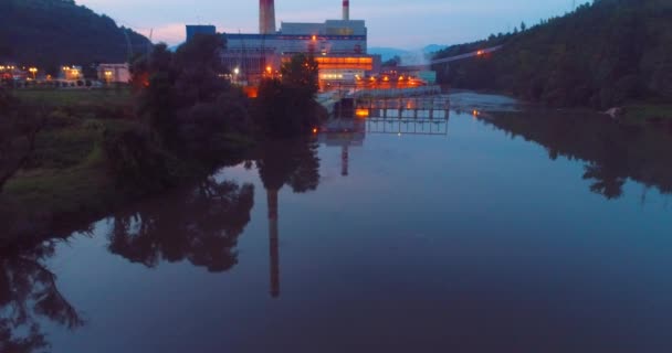 Planta Energía Térmica Central Energía Aérea Puesta Del Sol Noche — Vídeos de Stock