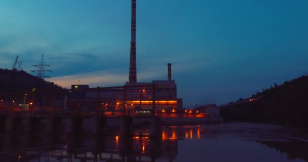 Energia Aérea Usina Energia Térmica Central Pôr Sol Crepúsculo Noite — Vídeo de Stock