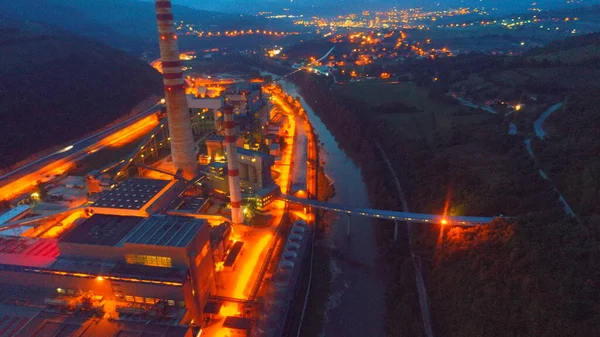 Aerial Energy Power Station Thermal Power Plant Sunset Dusk Night — Stock Photo, Image