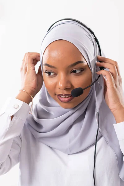 african customer representative business woman with phone headse