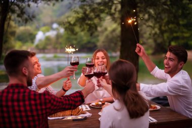 happy friends having french dinner party outdoor clipart