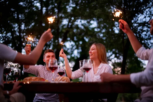 Glada vänner som har fransk middag utomhus — Stockfoto