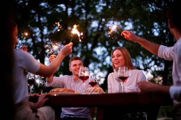 Amigos felices teniendo francés cena fiesta al aire libre —  Fotos de Stock