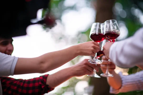 Glada vänner skålar rött vinglas under fransk middag — Stockfoto