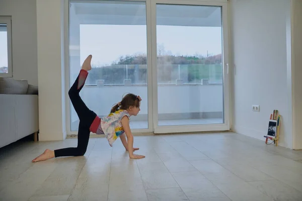 Menina Tem Treinamento Line Sobre Tablet Fazer Exercício Dança Balé — Fotografia de Stock