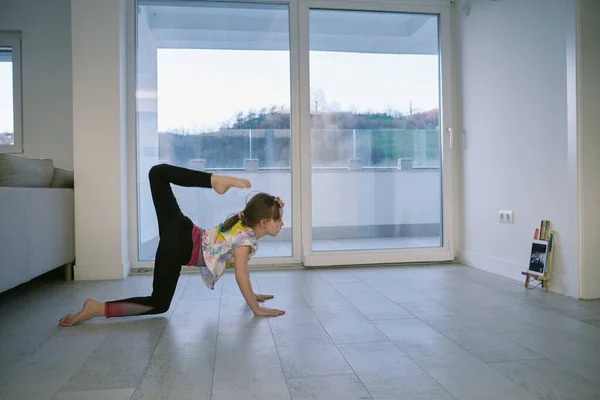 Menina Tem Treinamento Line Sobre Tablet Fazer Exercício Dança Balé — Fotografia de Stock