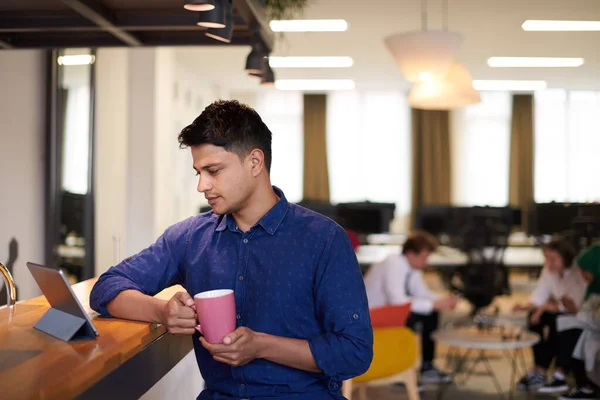 Casual Indian Business Man Taking Break Work Using Tablet Computer — Stock Photo, Image