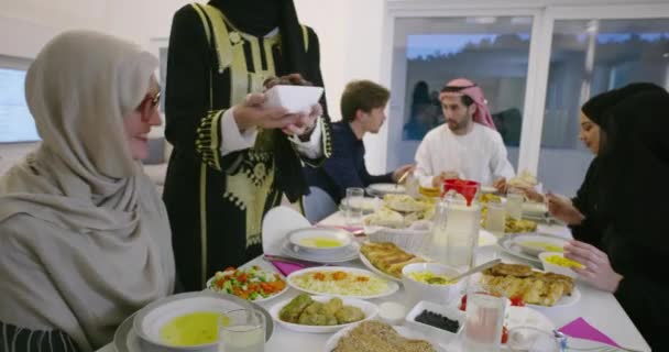 Eid Mubarak Muslim Family Having Iftar Dinner Taking Pictures Mobile — Stock Video