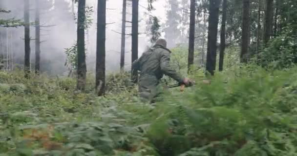 Millitaire actie in dicht bos, op zoek naar terrorist, concept van oorlog en terrorisme — Stockvideo