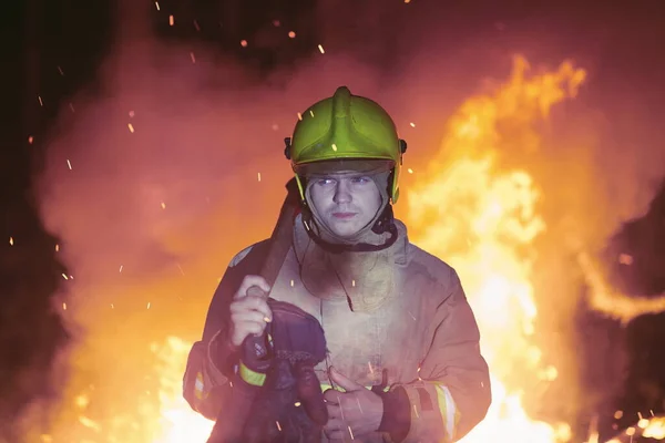 Firefighter Portrait Authentic Fire Location Forest — Stock Photo, Image