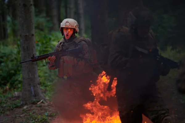 Soldier Action Night Forest Area Night Time Military Mission Jumping — Stock Photo, Image