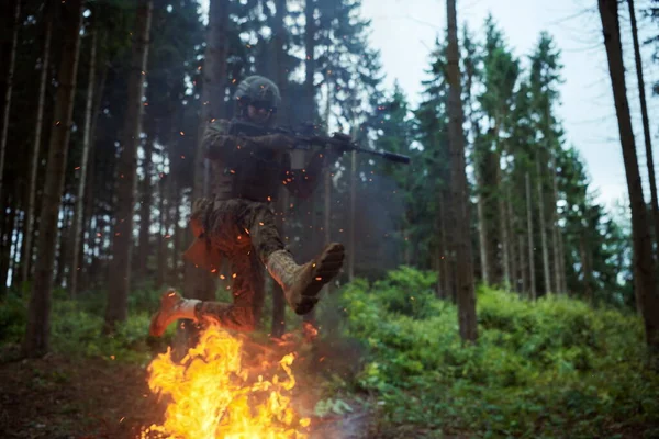 Soldier Action Night Forest Area Night Time Military Mission Jumping — Stock Photo, Image