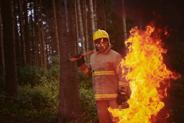 Портрет Пожежника Автентичному Місці Пожежі Лісі — стокове фото
