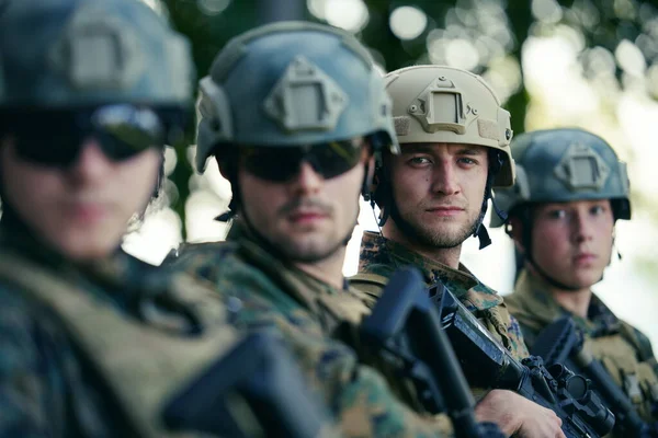 Soldier Fighters Standing Together Guns Group Portrait Army Elite Members — Stock Photo, Image