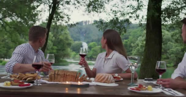 Teman-teman bahagia bersulang anggur merah gelas selama pesta makan malam Perancis — Stok Video