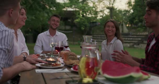 Szczęśliwy przyjaciele mając francuski obiad na świeżym powietrzu — Wideo stockowe