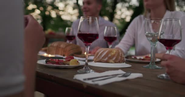 Amis heureux ayant dîner français en plein air — Video