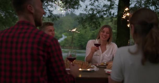 Amigos felices teniendo francés cena fiesta al aire libre — Vídeo de stock