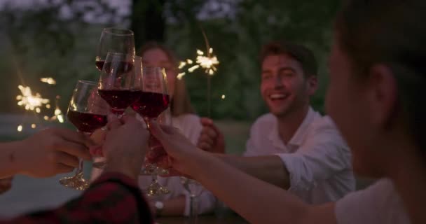 Glada vänner som har fransk middag utomhus — Stockvideo
