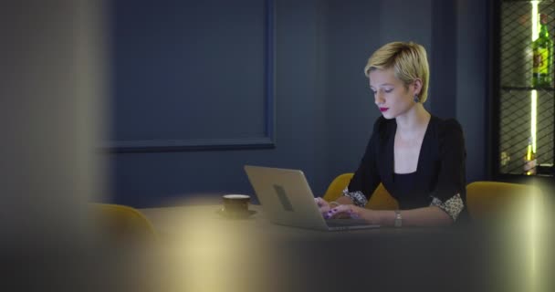 Empresária trabalhando no laptop na cafetaria — Vídeo de Stock