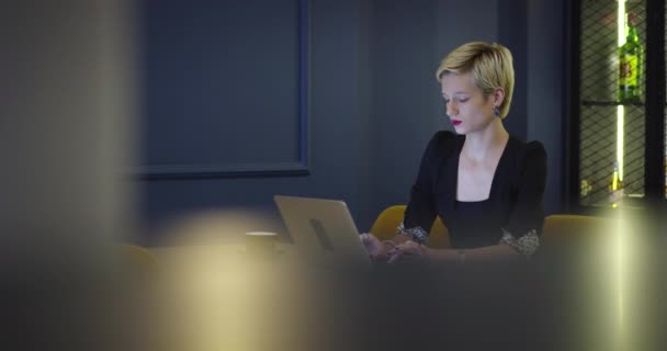 Mujer de negocios trabajando en el ordenador portátil en la cafetería — Vídeo de stock