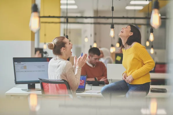 Office Rumors Two Girls Whispering Coworking Open Space Startup Business — Stock Photo, Image