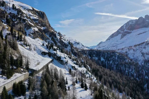 Aerial snow covered mountain peaks in alps at winter — Stock Photo, Image