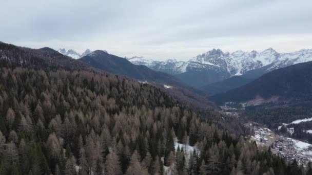 Luchtsneeuw bedekte bergtoppen in alpen in de winter — Stockvideo