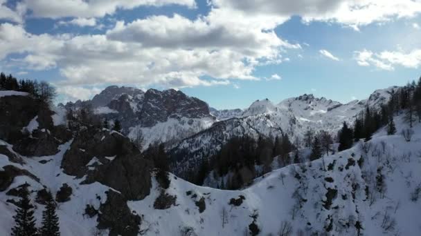 Letecké zasněžené vrcholky hor v zimě v Alpách — Stock video